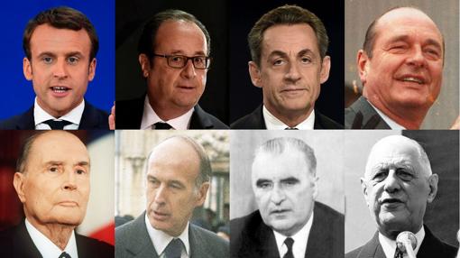 Arriba, Macron, Hollande, Sarkozy y Chirac. Abajo, Mitterrand, D'Estaing, Pompidou y Chirac