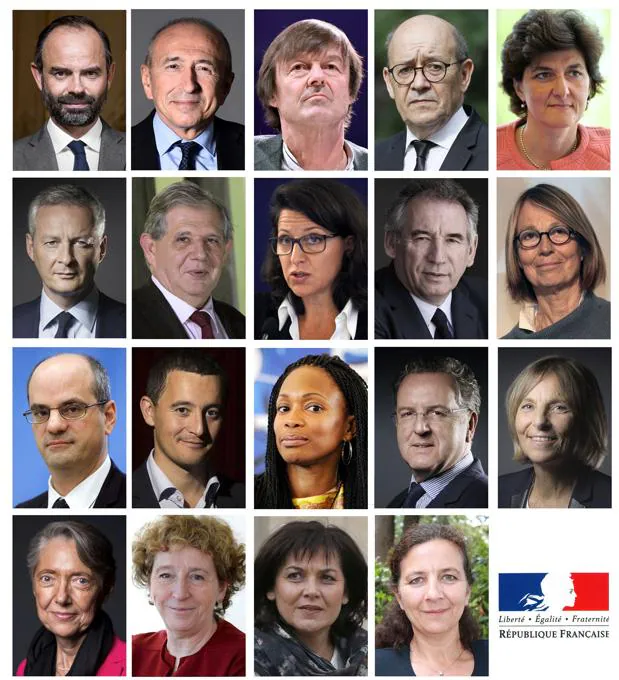 Las caras del nuevo gobierno de Emmanuel Macron (R) y Edouard Philippe, presidente y primer ministro de Francia, respectivamente