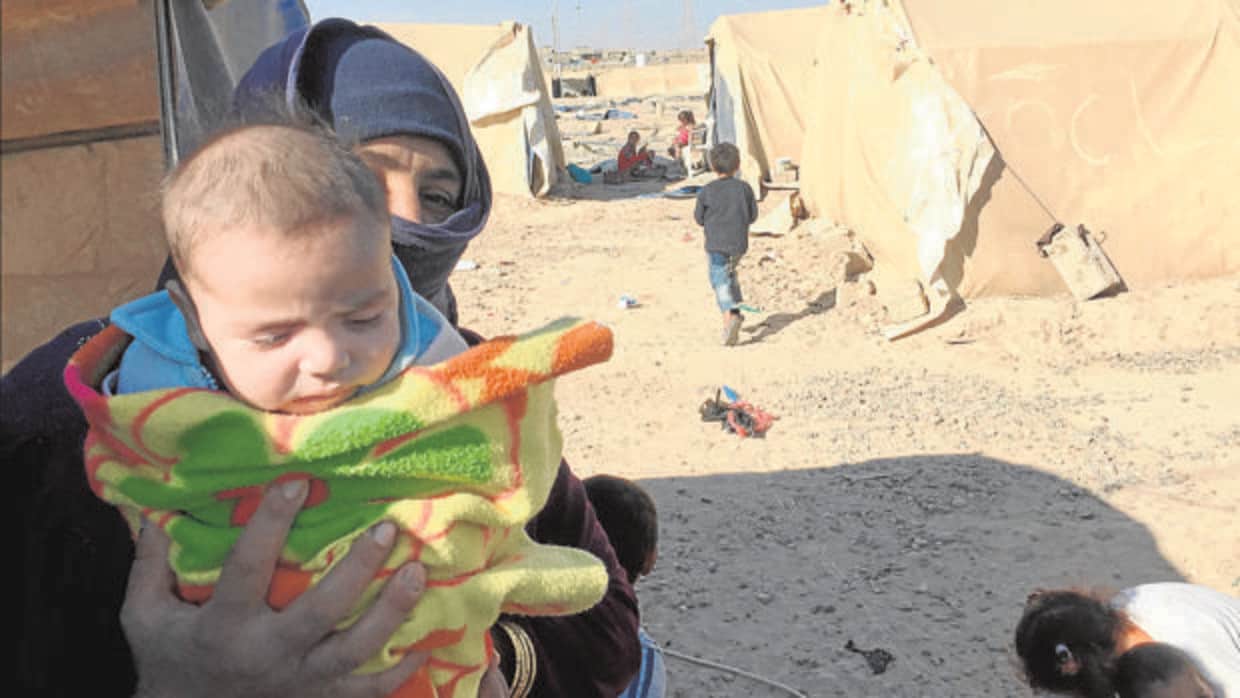 La viuda de un yihadista muestra a su hijo en el campo de internamiento de Shehama