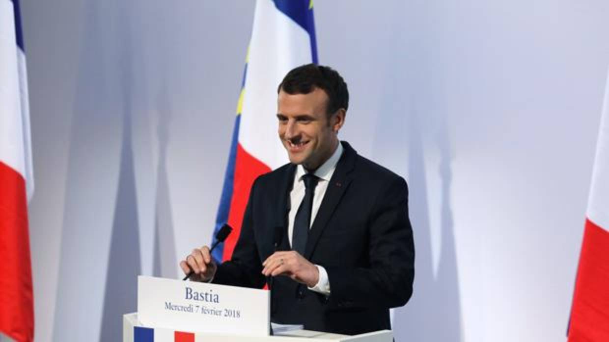 El presidente Emmanuel Macron, durante su intervención en Bastia