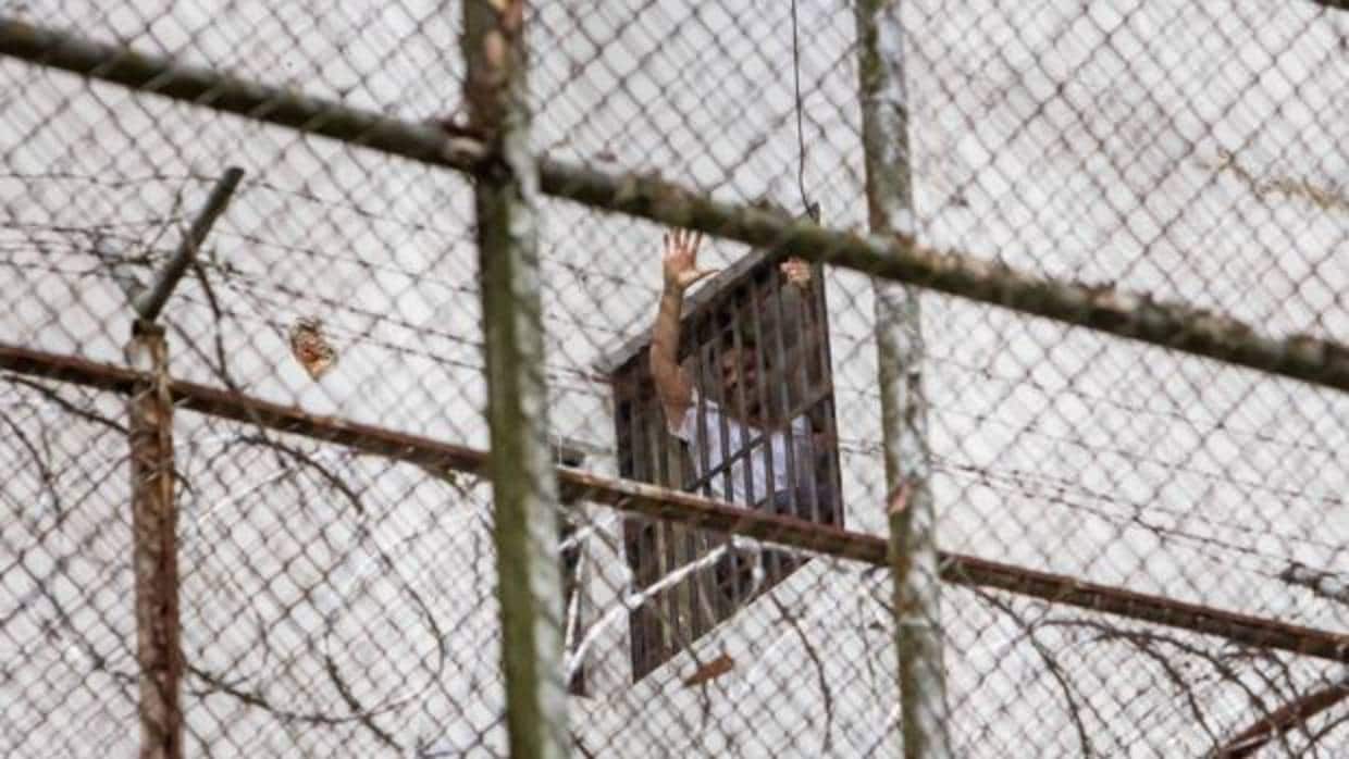 El opositor Leopoldo López saluda desde su celda de Ramo Verde cuando estaba preso en 2014