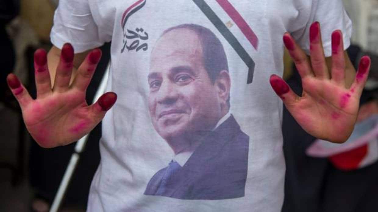 Un simpatizante, con una camiseta de Al Sisi