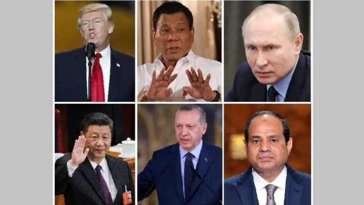 De izquierda a derecha, y de arriba a abajo: Donald Trump, Rodrigo Duterte, Vladimir Putin, Xi Jinping, Recep Tayyip Erdogan y Abdelfatah al Sisi