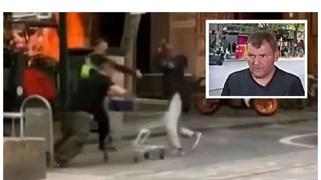 Michael Rogers (en el recuadro) se enfrenta al terrorista de Melbourne, en una imagen de vídeo