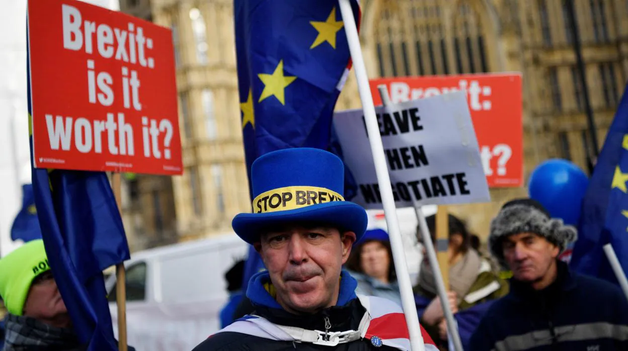 Manifestantes en contra del Brexit protestan ante las Casas del Parlamento en Londres