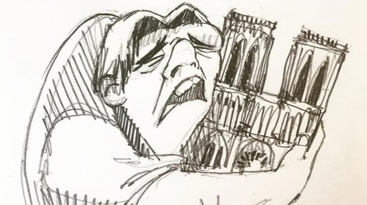 Quasimodo, llorando, abraza la catedral de Notre Dame