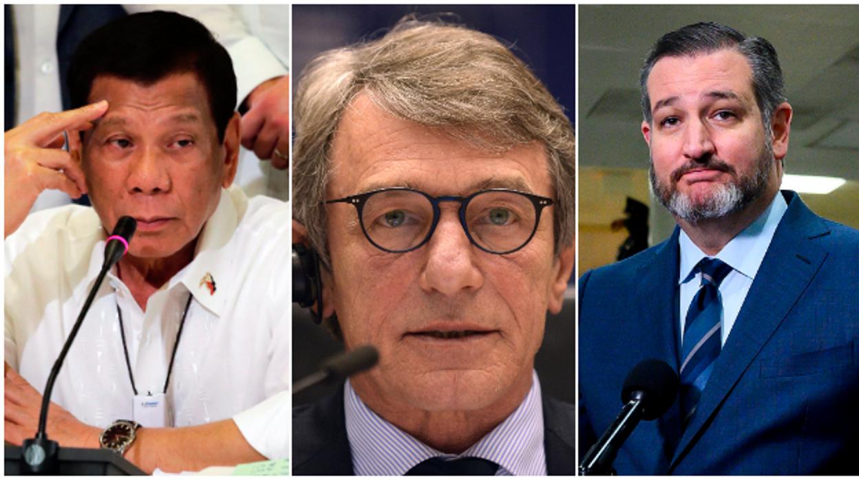 El presidente de Filipinas, Rodrigo Duterte; el presidente del Parlamento Europeo, David Sassoli, y el senador republicano Ted Cruz