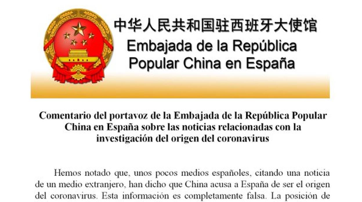 La embajada de China desmiente a uno de sus asesores, que señaló a España como origen de la pandemia