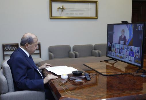 El presidente libanés, Michel Aoun, durante la teleconferencia