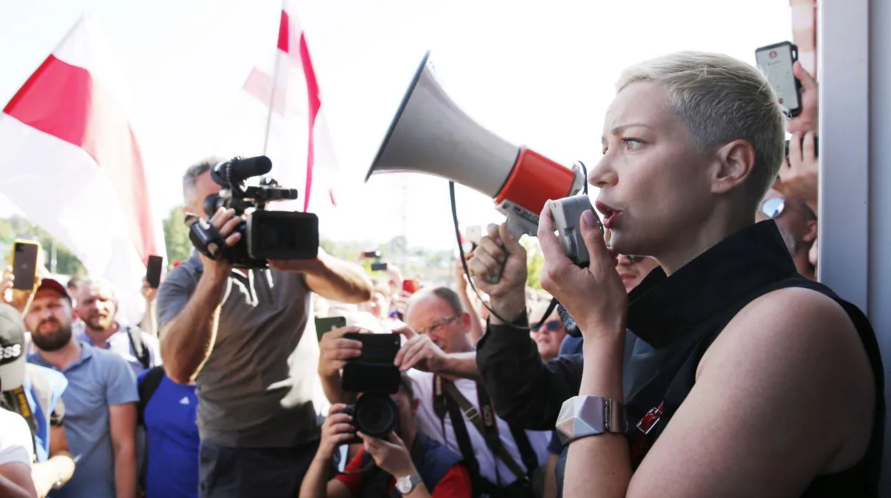 María Kolésnikova, en una huelga en una fábrica de tractores contra el presidente Alexánder Lukashenko
