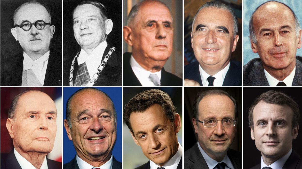 Últimos diez presidentes de Francia: Vincent Auriol (1947-1954), René Coty (1954-1959), Charles de Gaulle (1959-1969), Georges Pompidou (1969-1974), Valéry Giscard d'Estaing (1974-1981), François Mitterrand (1981-1995), Jacques Chirac (1995-2007), Nicolas Sarkozy (2007-2012), Francois Hollande (2012-2017) y Emmanuel Macron (2017-actualidad)