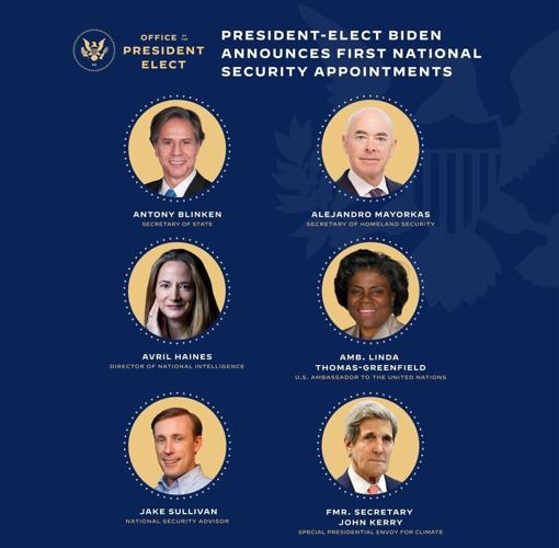Fotografía divulgada por la Oficina de Transición Presidencial Biden-Harris donde aparecen las seis primeras figuras de su futuro gabinete