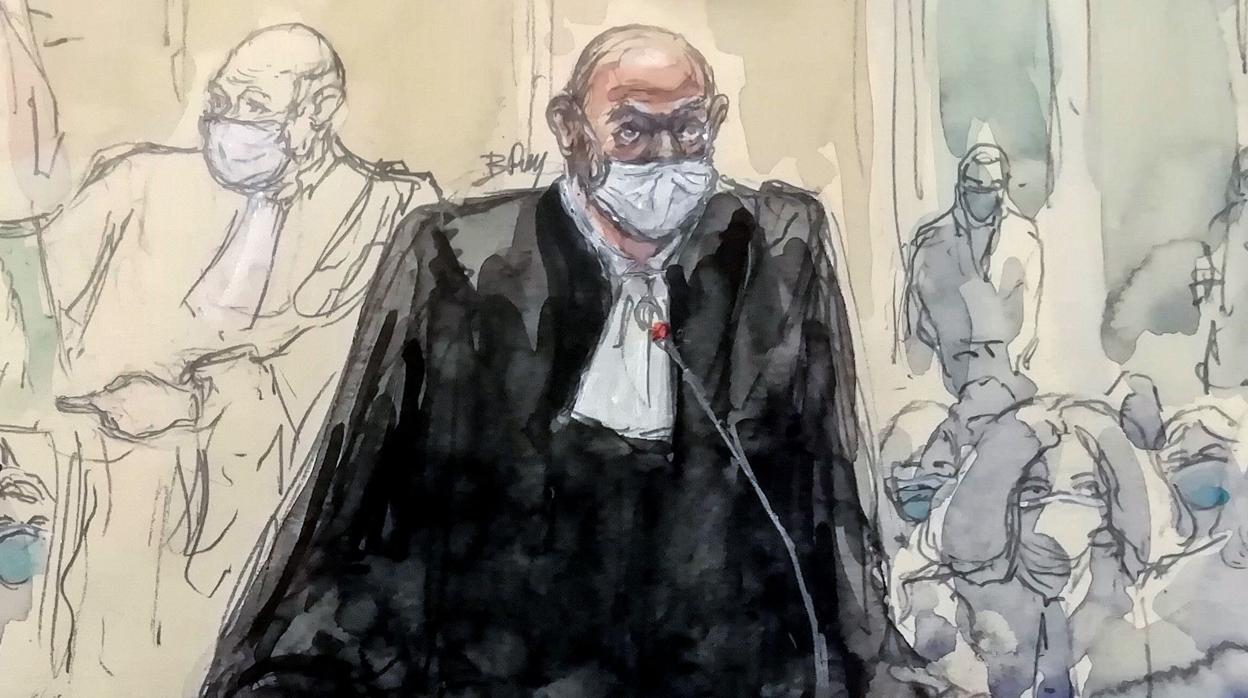 Dibujo del abogado de la revista satírica, Richard Malka, en el tribunal de París