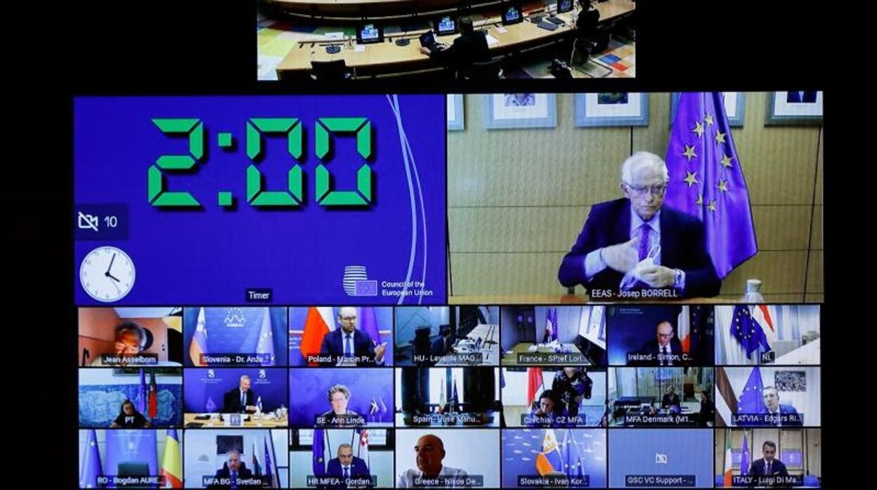 Josep Borrell, durante la reunión por videoconferencia con los ministros de Exteriores de la UE