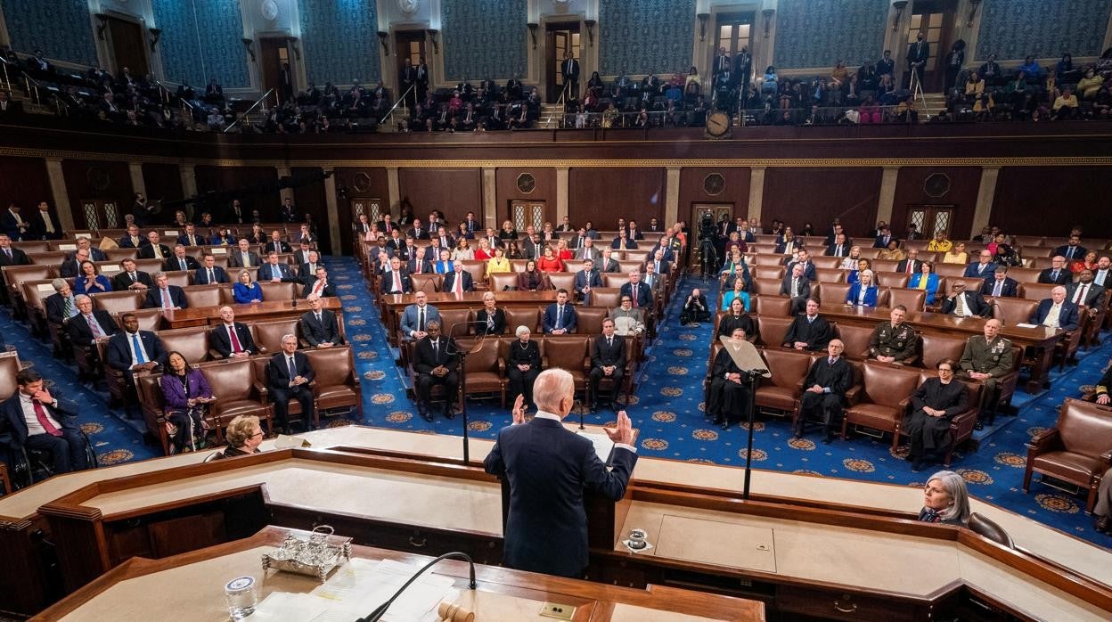 Joe Biden en su discurso sobre el estado de la Unión este martes en el Senado de Estados Unidos