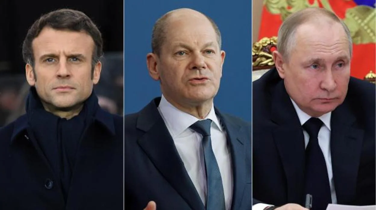 El presidente francés, Emmamuel Macron; el canciller alemán, Olaf Scholz; y el presidente ruso, Vladímir Putin