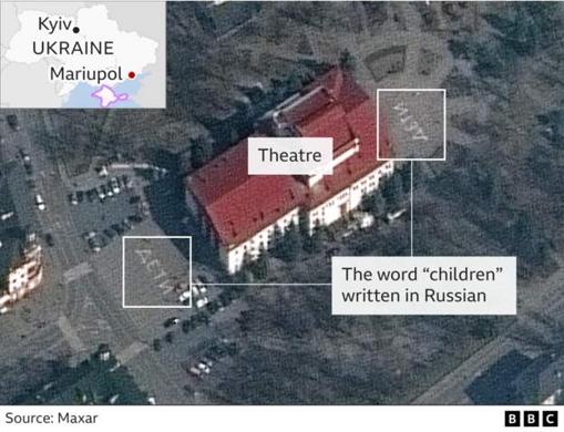 Imagen por satélite del 14 de marzo donde se pueden ver letreros que dicen «niños» en ruso en el teatro bombardeado