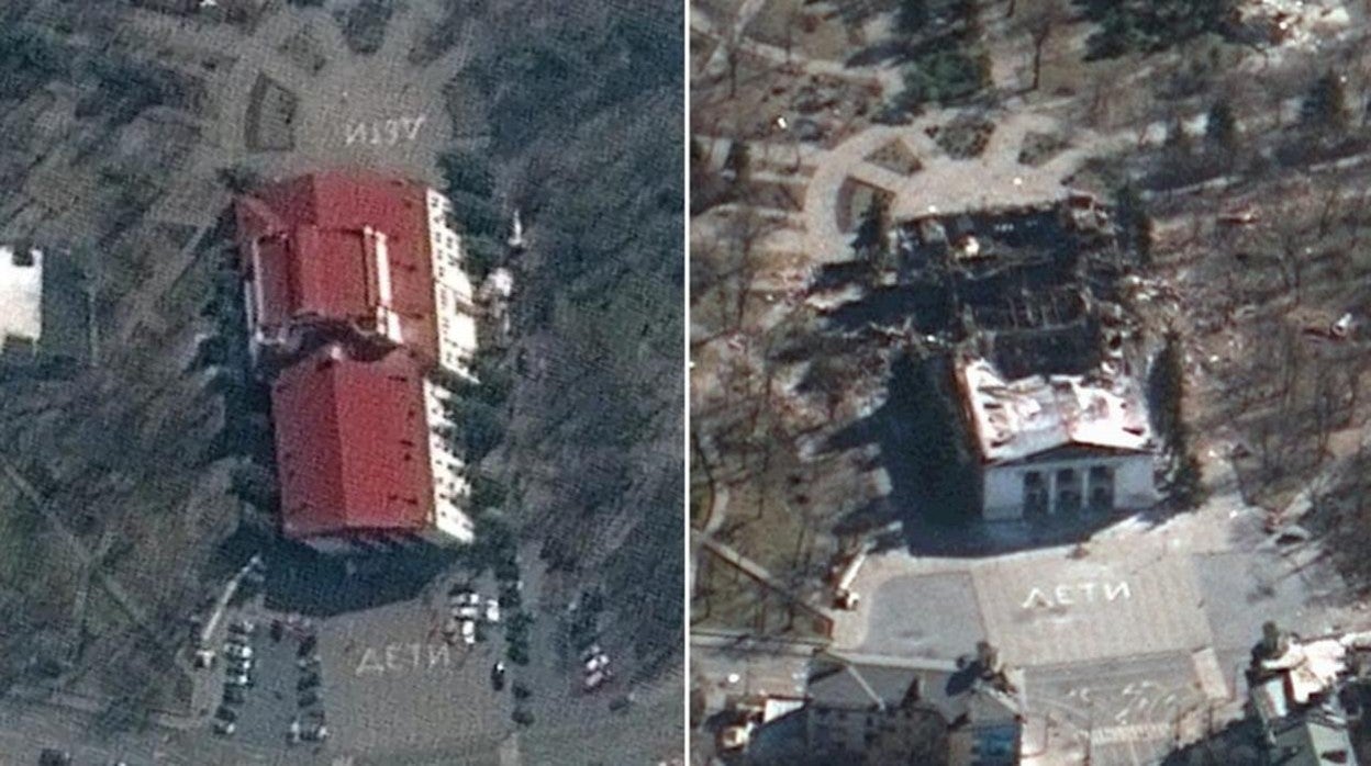 Vista por satélite del teatro de drama de Mariúpol, antes y después de ser bombardeado