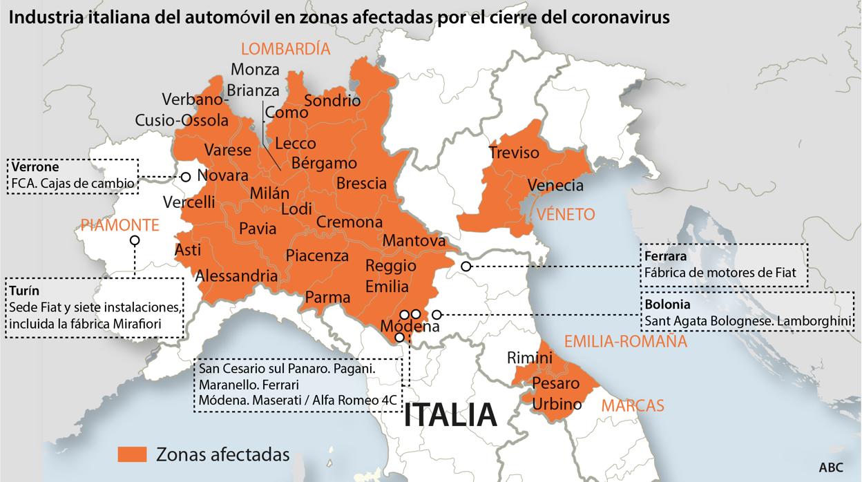 Industria italiana del automóvil en zonas afectadas por el cierre del coronavirus