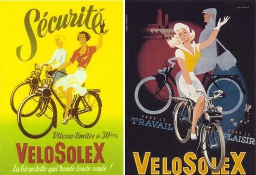 Para el trabajo y la diversión, el VéloSolex se anunciaba como la bicicleta que rodaba sola