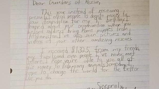 Fragmento de la carta que Matthew envió junto al dinero a la ONG Guardians of Rescue