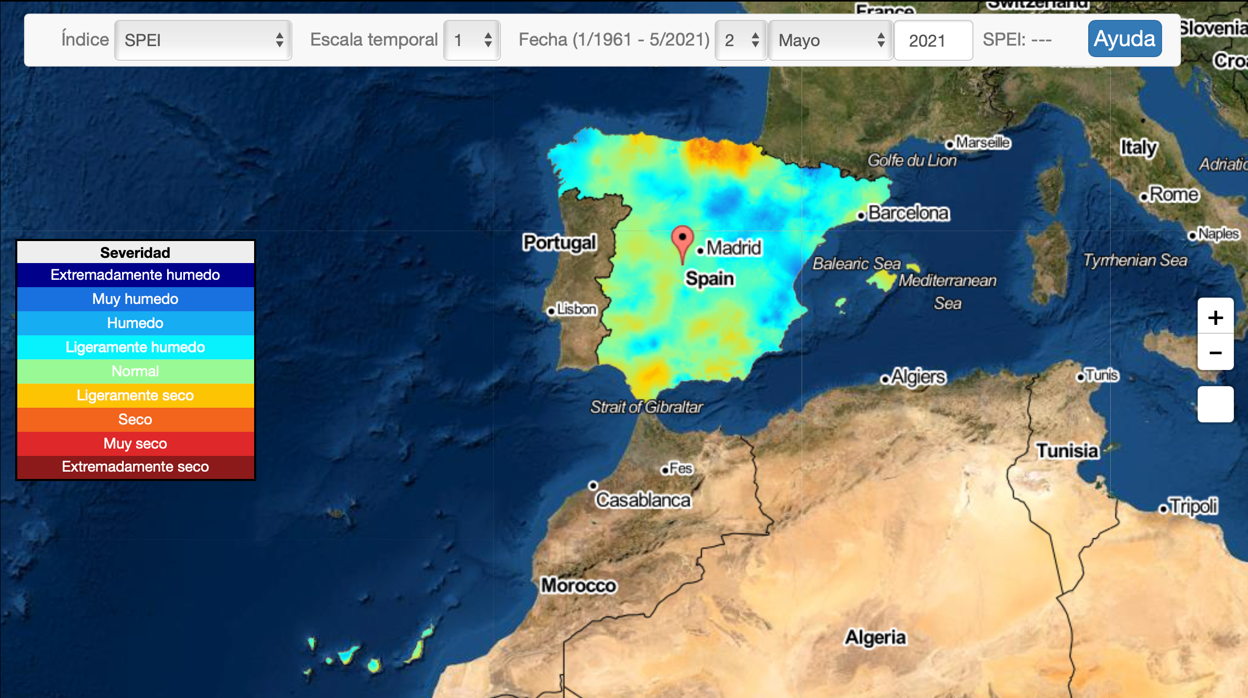 Situación de la segunda semana de mayo de 2021 del índice SPEI-1, que refleja las condiciones de sequía de las últimas cuatro semanas