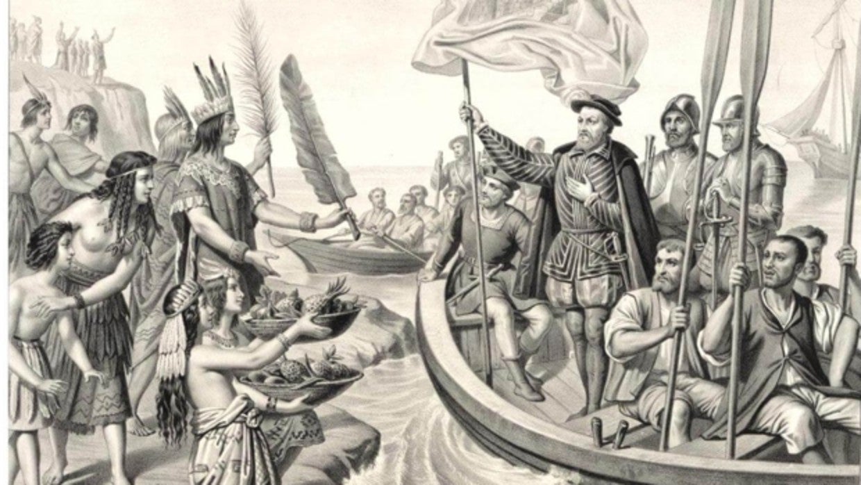 Grabado que recoge la llegada de Hernán Cortés a México