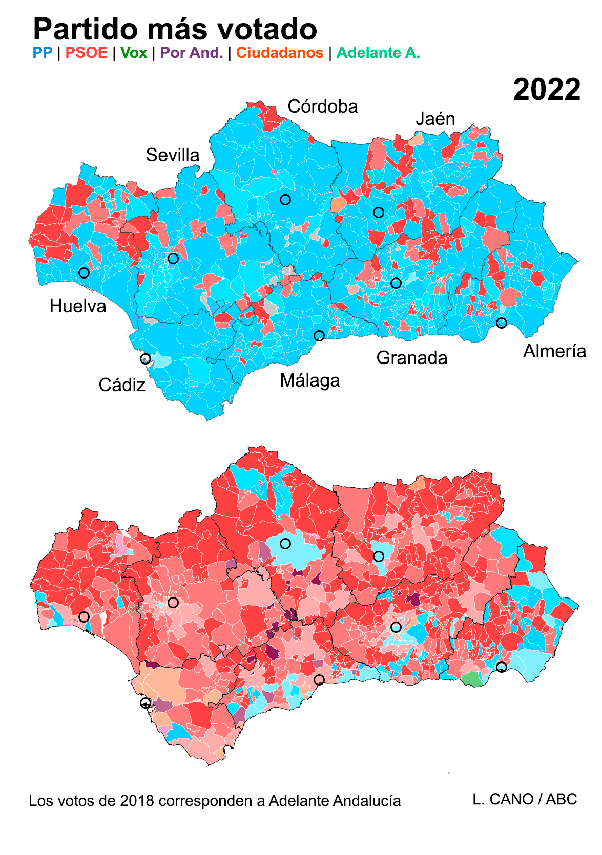 Mapa de los resultados en Andalucía, municipio a municipio