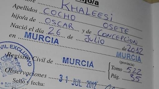 Fotografía del nombre Khaleesi Cocho Osete inscrito en el Registro