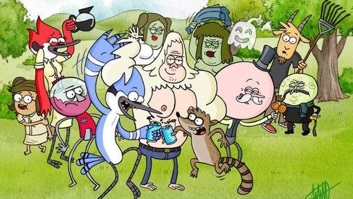 Rigby y Mordecai celebrando con sus amigos