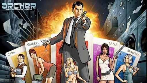 Archer, una espía, su madre, y tres de sus compañeros del S.I.S.I.