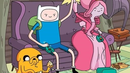 Finn, Jake y la princesa Chicle jugando a videojuegos