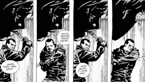 Esta escena del cómics, con Carl recitando una canción y Negan haciendo el loco con el bate de Beisbol está clavada en la serie