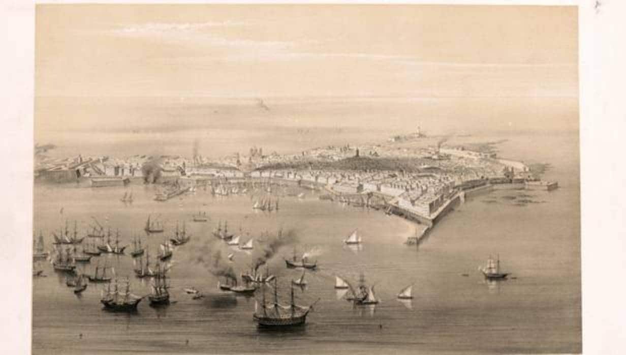 Grabado de vista de Cádiz en 1855. :: Alfred GUESTON (Biblioteca del Congreso de los EEUU).