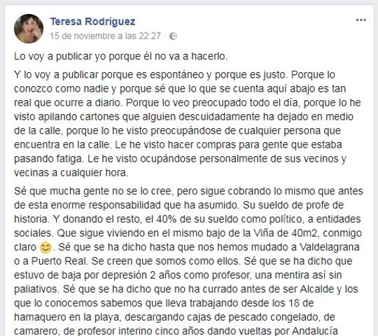 Pantallazo del Facebook de Teresa Rodríguez