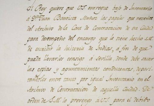 Escrito del 12 de noviembre de 1784 ordenando a la Casa de Contratación se le entreguen a Juan Bautista Muñoz «los papeles que necesite»