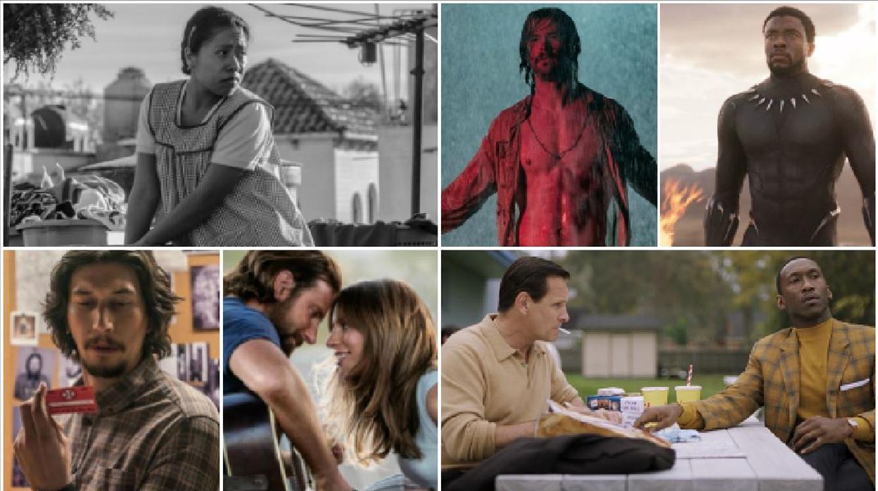 En sentido de las agujas del reloj: «Roma», «Malos tiempos en El Royale», «Black Panther» (ya estrenada), «Green Book», «Ha nacido una estrella» (ya estrenada) e «Infiltrado en el KKKlan»
