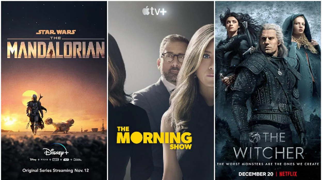 Pósteres de «The Mandalorian», «The Morning Show» y «The Witcher», disponibles en las plataformas de vídeo bajo demanda Disney+, Apple TV+ y Netflix respectivamente