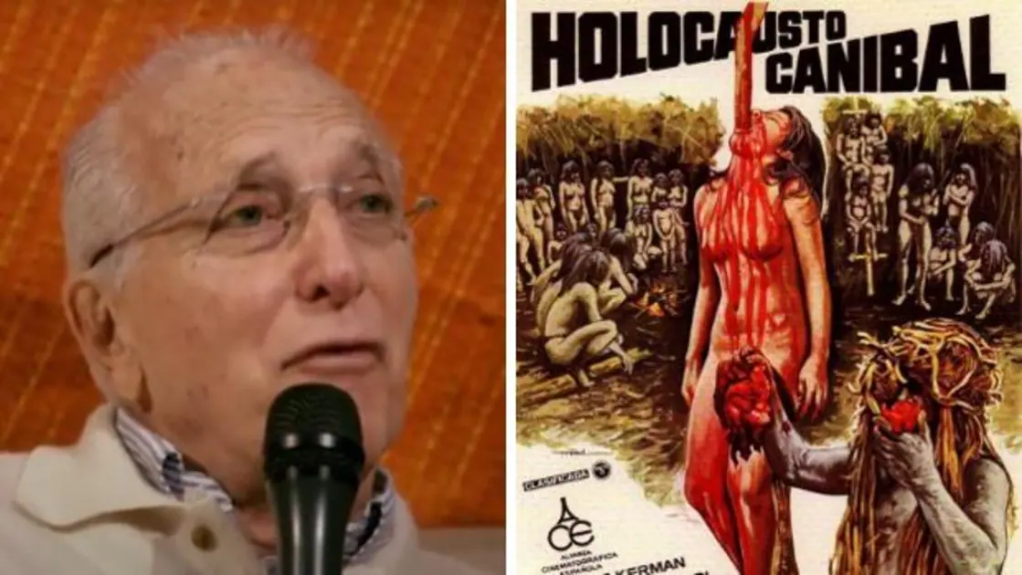 Ruggero Deodato, y el cartel de su obra más conocida, 'Holocausto Caníbal'