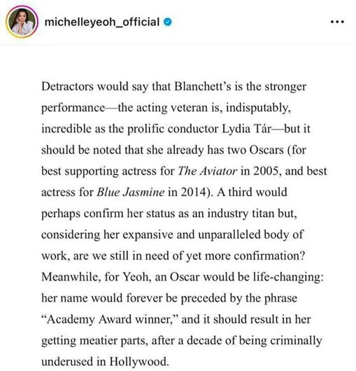 Captura del texto que ha difundido Michelle Yeoh en Instagram