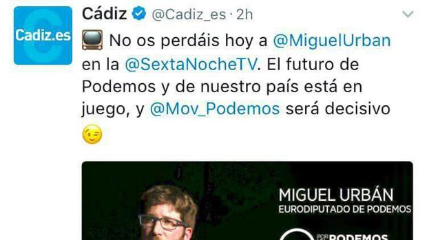 'Tuit' de Podemos en la cuenta oficial del Ayuntamiento de Cádiz
