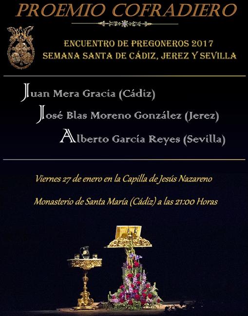 El Premio Cofradiero reúne por primera vez a los pregoneros de la Semana Santa de Cádiz, Jerez y Sevilla