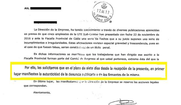 Buro fax enviado a los denunciantes y expediente sancionador abierto a uno de ellos por supuesta falta grave