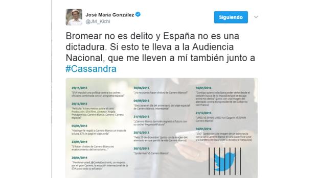 Captura del tuit de José María González 'Kichi' donde bromea sobre el atentado de ETA a Carrera Blanco.