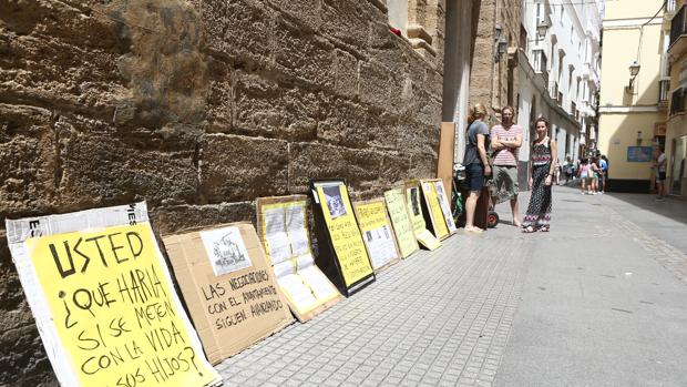 Los vendedores de la calle Compañía de Cádiz muestran sus pancartas de protesta