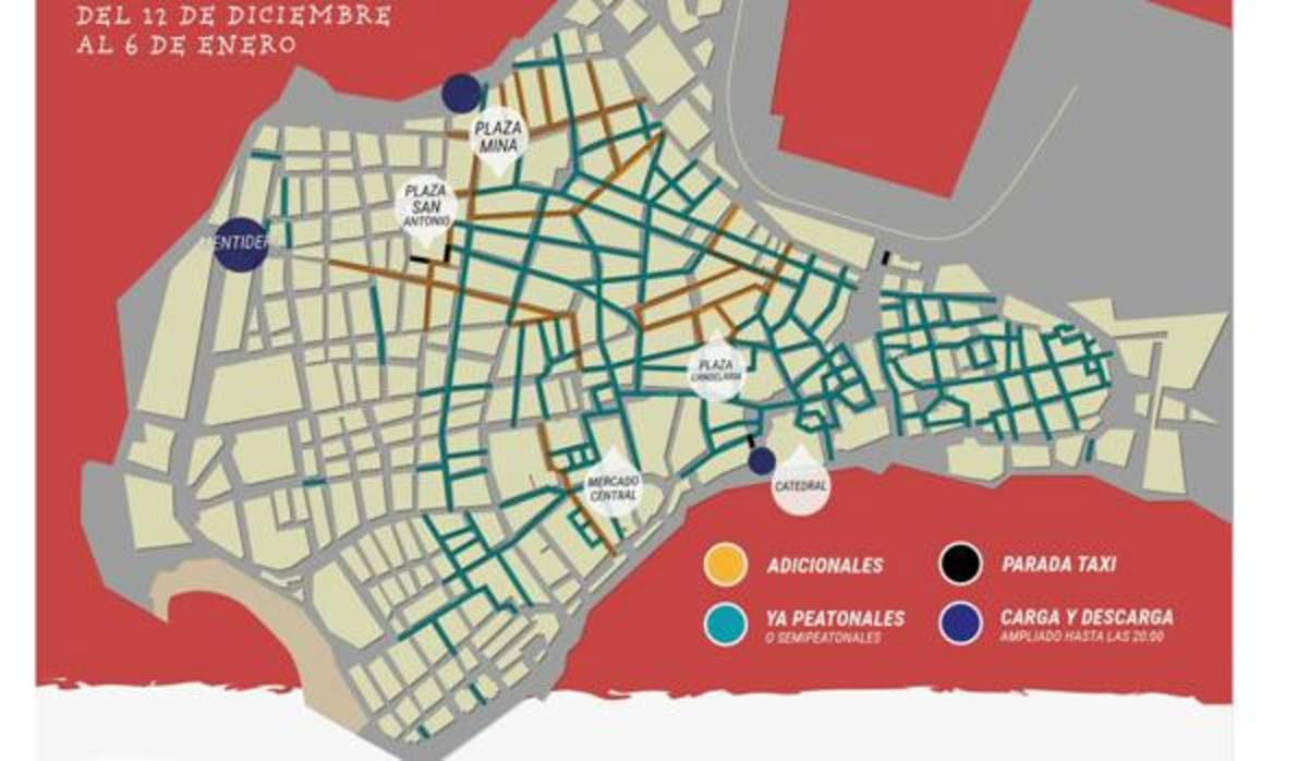 Plano del centro con las calles que permanecerán cerradas al tráfico durante las fiestas de Navidad.
