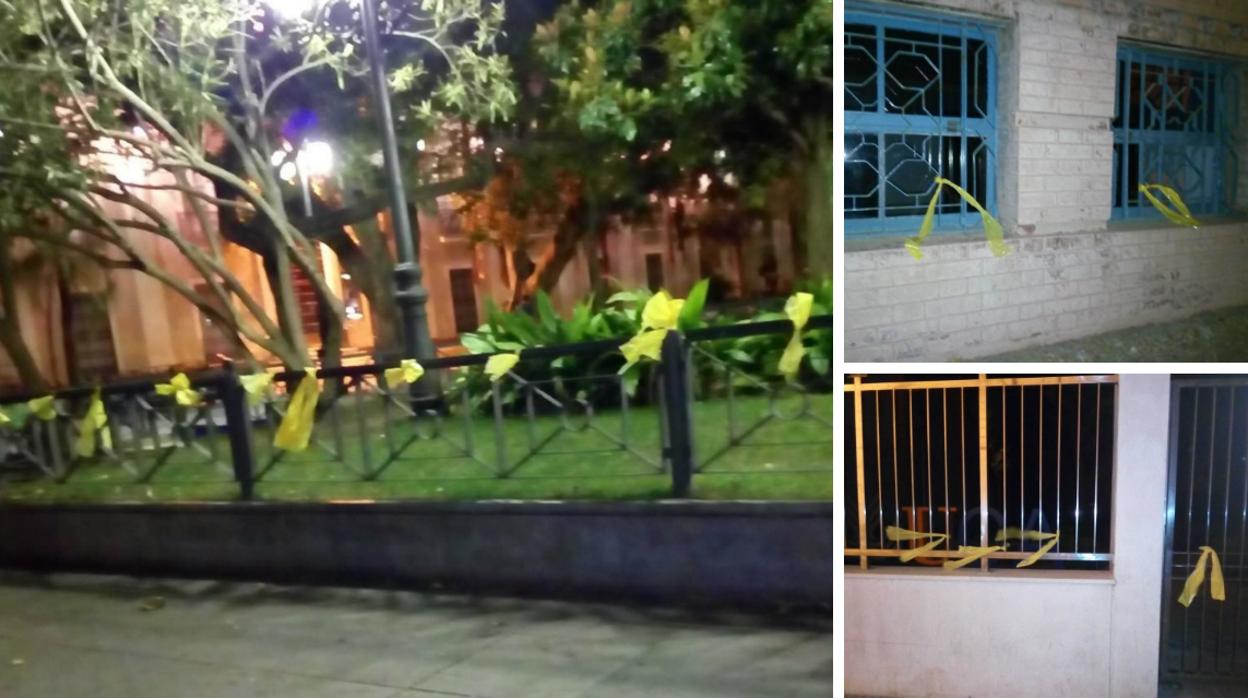 La barandilla de los jardines de la Plaza de Mina, plagada de lazos amarillos