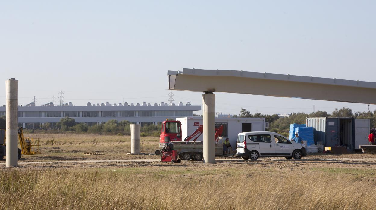 Los pilares de la pasarela ya soportan el primer tramo del tablero peatonal