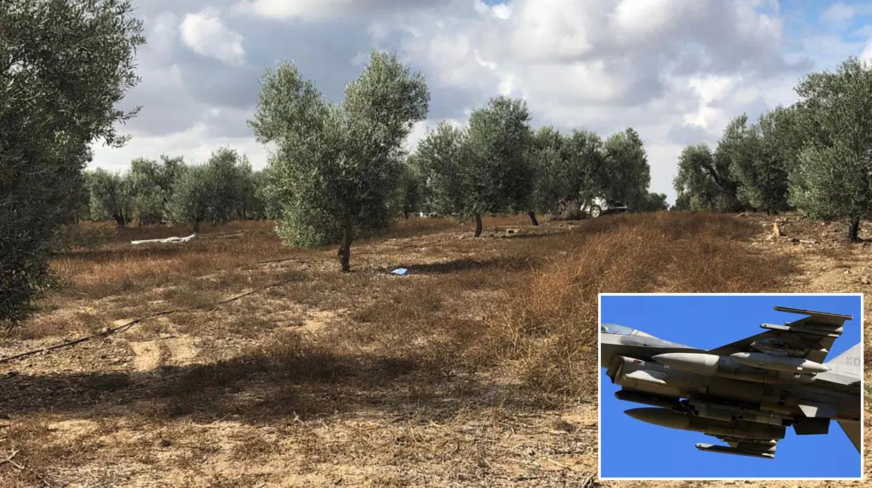 Partes del avión que han caído en la zona de pago de Martinazo, en Arahal, junto a una imagen de un F-16
