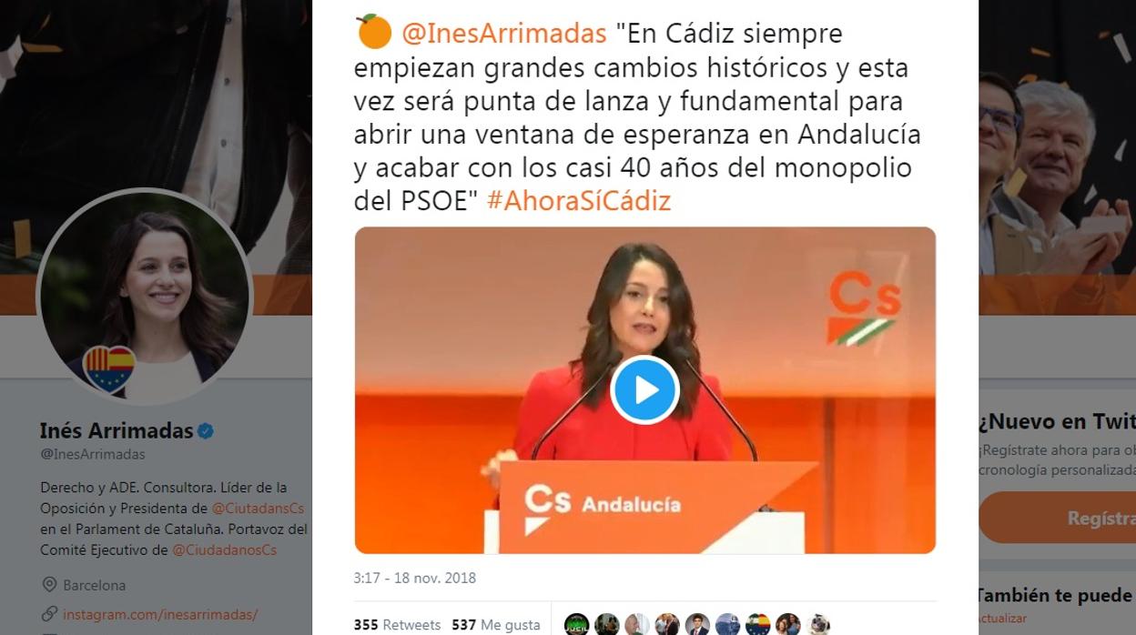 Un extracto de la intervención de Arrimadas en su Twitter.